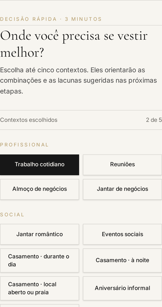 Tela real da ferramenta com seleção de contextos profissionais e sociais