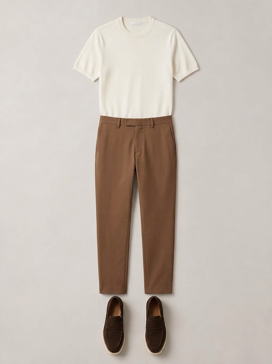 Camiseta marfim, calça marrom e loafer de camurça em composição smart casual